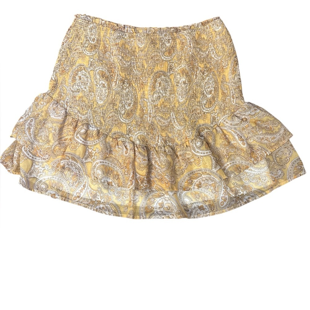 NSR Paisley Ruffle Mini Skirt Gold Cream Smocked Waist Flowy Style Size M - Picture 5 of 9